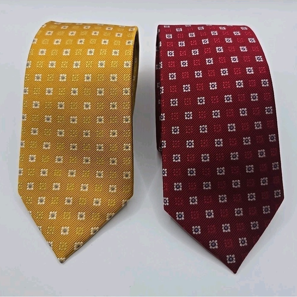 Lot of 2 Tie Bar Silk Ties 3.25 X 60 in Red & Yellow Gold Geometric